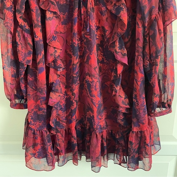 New! Cinq a Sept Livie Dark Red Print Tie Neck Ruffled Mini Dress 20722 - Picture 5 of 10
